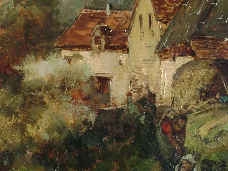 Tableau fin  19eme, paysage de campagne animé