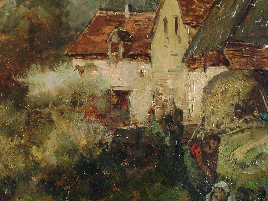 Tableau fin  19eme, paysage de campagne animé