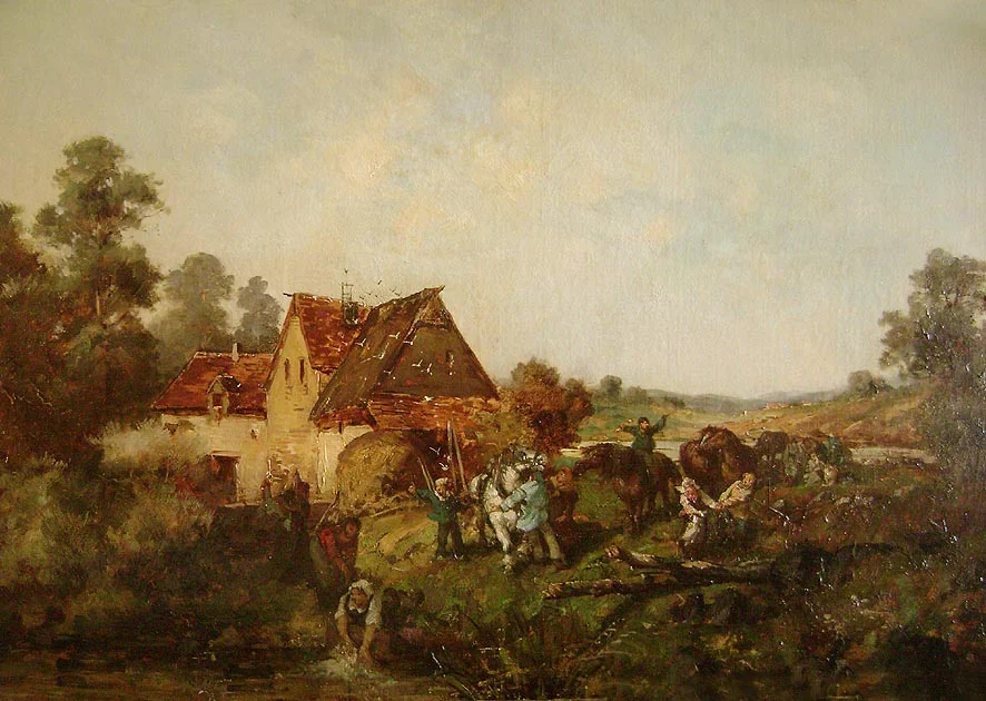Tableau fin  19eme, paysage de campagne animé