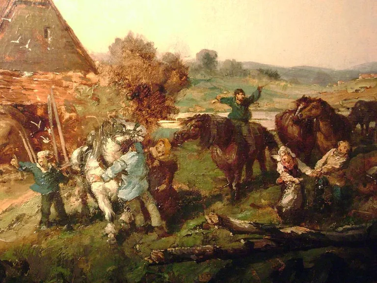 Tableau fin  19eme, paysage de campagne animé
