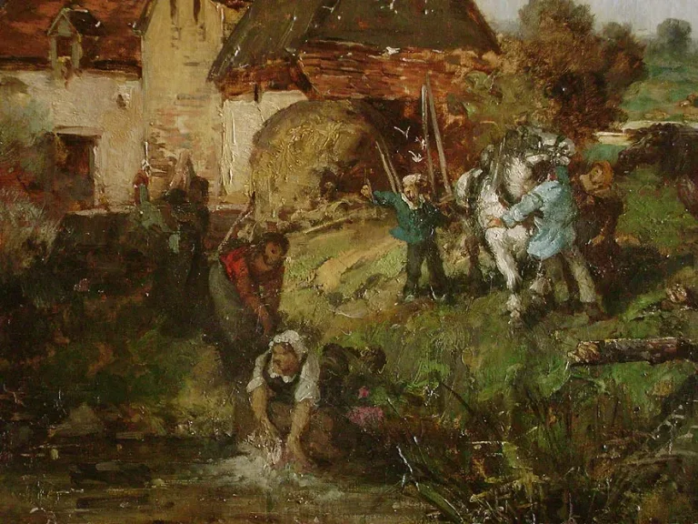 Tableau fin  19eme, paysage de campagne animé