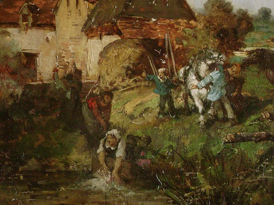 Tableau fin  19eme, paysage de campagne animé