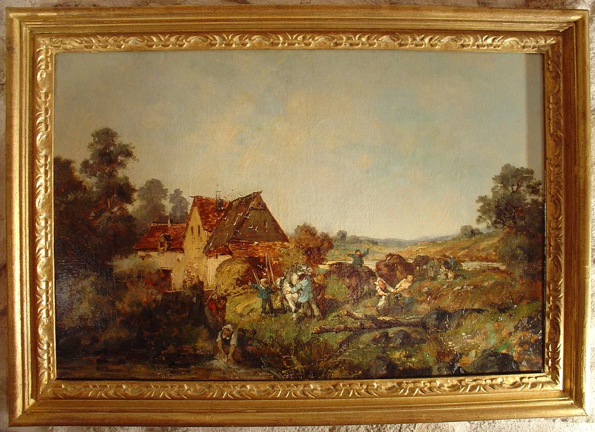 Tableau fin  19eme, paysage de campagne animé
