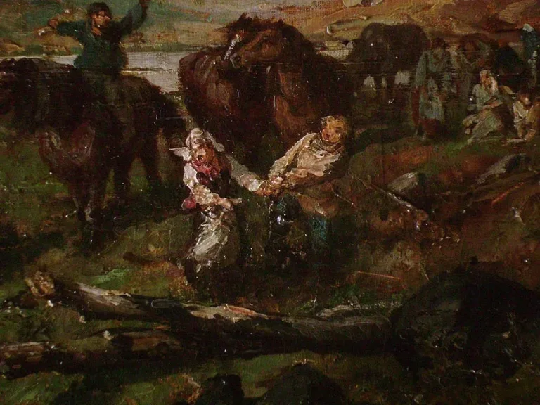Tableau fin  19eme, paysage de campagne animé