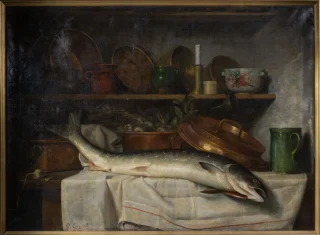 Large Still Life with Salmon – J.O. de Cocquerel (1838–1903)