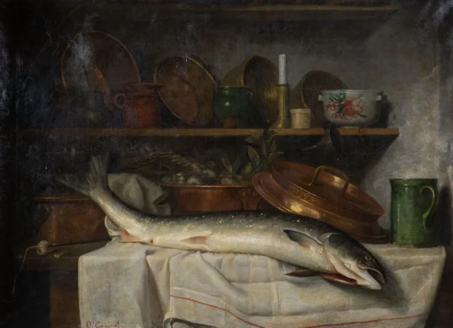 Gran Naturaleza Muerta con Salmón – J.O. de Cocquerel (1838–1903) — Restauré
