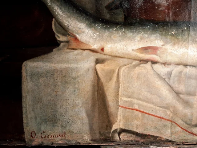 Gran Naturaleza Muerta con Salmón – J.O. de Cocquerel (1838–1903) — Restauré