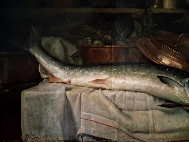Gran Naturaleza Muerta con Salmón – J.O. de Cocquerel (1838–1903) — Restauré
