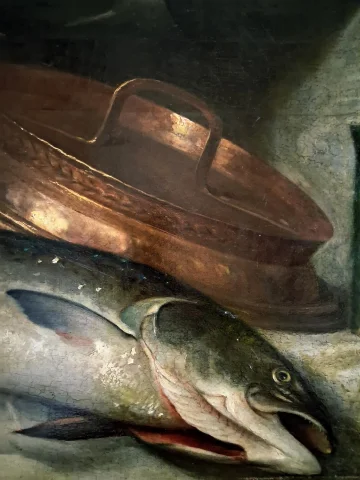 Gran Naturaleza Muerta con Salmón – J.O. de Cocquerel (1838–1903) — Restauré