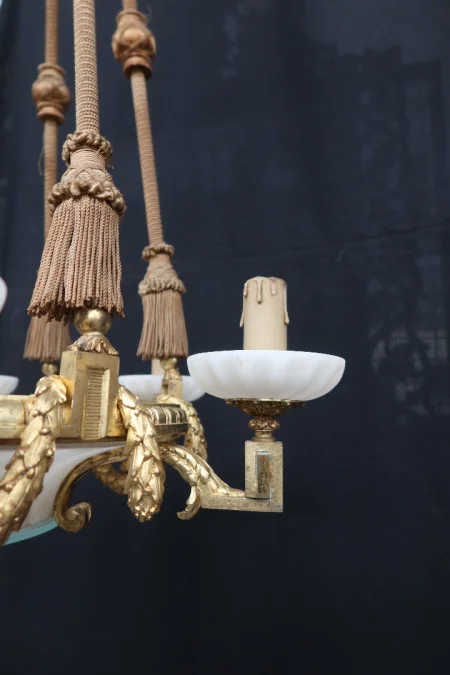 Grand Lustre En Bronze Doré Et Albâtre Fin XIX