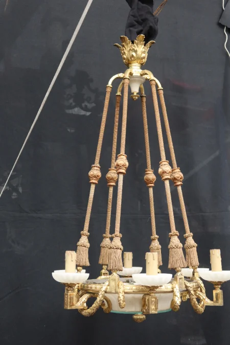 Grand Lustre En Bronze Doré Et Albâtre Fin XIX