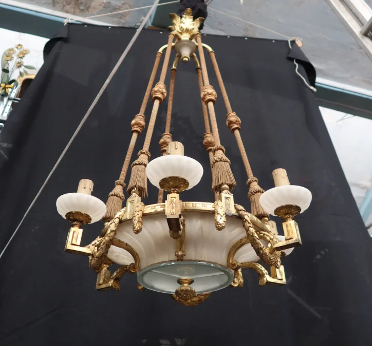 Grand Lustre En Bronze Doré Et Albâtre Fin XIX