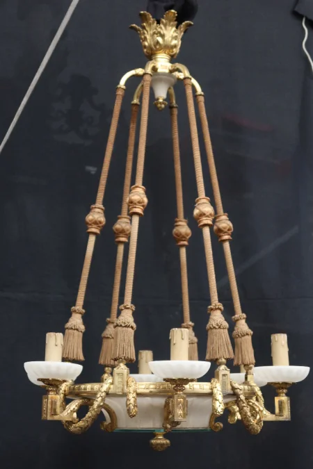 Grand Lustre En Bronze Doré Et Albâtre Fin XIX