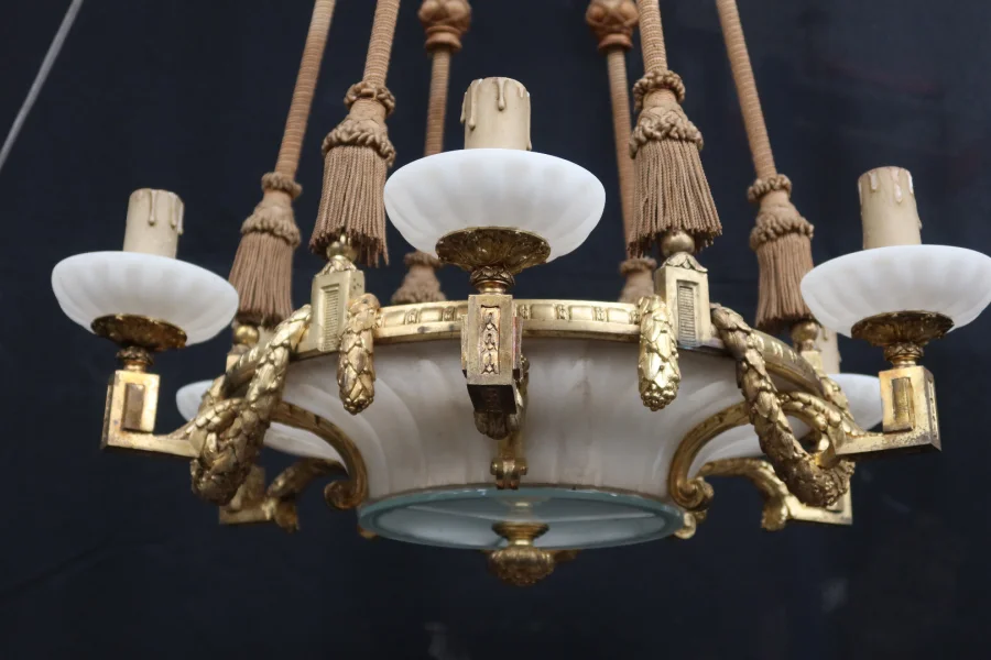 Grand Lustre En Bronze Doré Et Albâtre Fin XIX