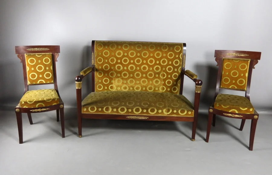 FRENCH EMPIRE STYLE SETTEE AND CHAIRS