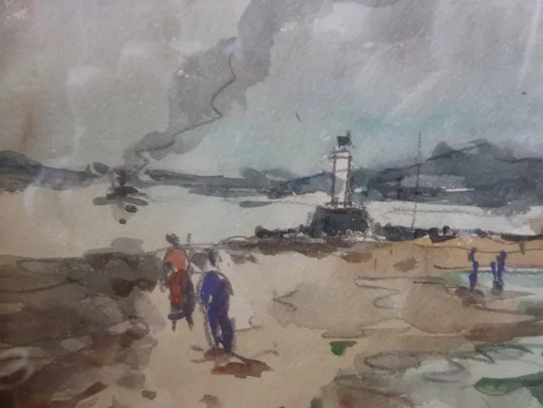 WATERVERF VAN DE VUURTOREN VAN HONFLEUR GETEKEND LAVOINE