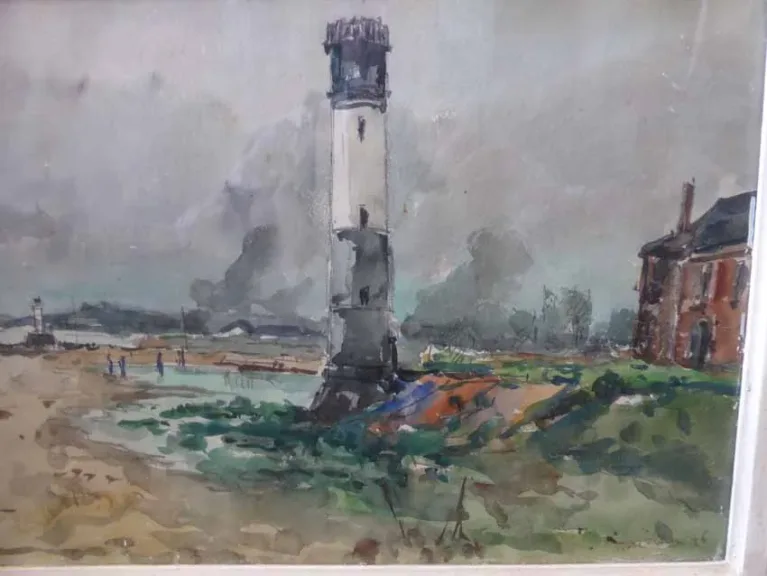 WATERVERF VAN DE VUURTOREN VAN HONFLEUR GETEKEND LAVOINE