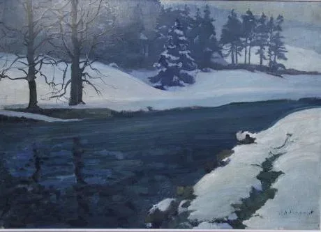 Adolphe FRAIPONT (actif à Liège 1930 ) "L'hiver sur l'Ourthe"