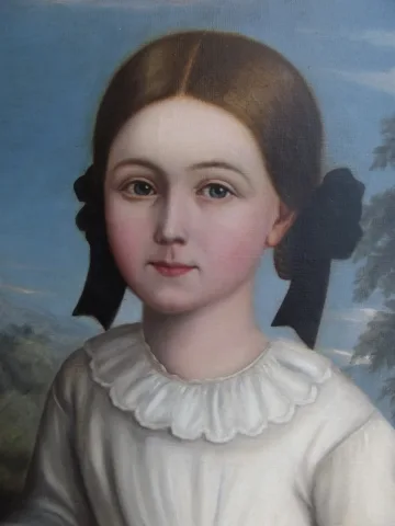 Ecole Biedermeier : Portrait de Fillette au chien et au bouquet -Epoque Restauration