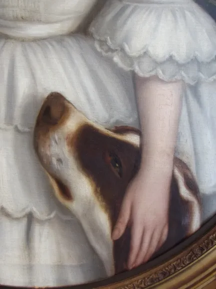 Ecole Biedermeier : Portrait de Fillette au chien et au bouquet -Epoque Restauration