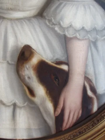 Ecole Biedermeier : Portrait de Fillette au chien et au bouquet -Epoque Restauration