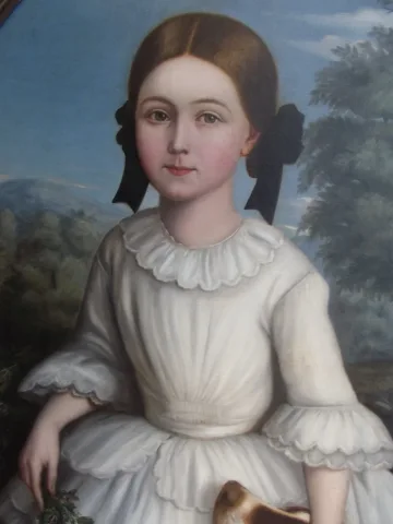 Ecole Biedermeier : Portrait de Fillette au chien et au bouquet -Epoque Restauration