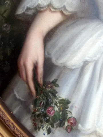 Ecole Biedermeier : Portrait de Fillette au chien et au bouquet -Epoque Restauration