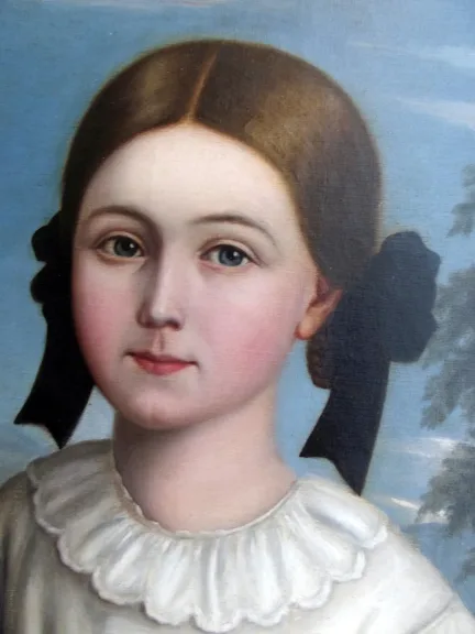Ecole Biedermeier : Portrait de Fillette au chien et au bouquet -Epoque Restauration
