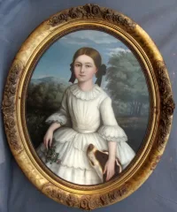 Ecole Biedermeier : Portrait de Fillette au chien et au bouquet -Epoque Restauration