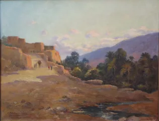 Eugene Jules Delahogue "El Kantara-Algeria". Orientalist landscape.