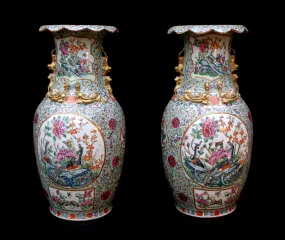 Pair of vases with polychrome decor aside of birds connected and butterflies  -China XIXth century
