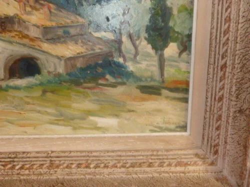 Tableau huile sur toile paysage  fait en Avignon   (signé Fabien 1947)