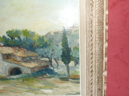 Tableau huile sur toile paysage  fait en Avignon   (signé Fabien 1947)