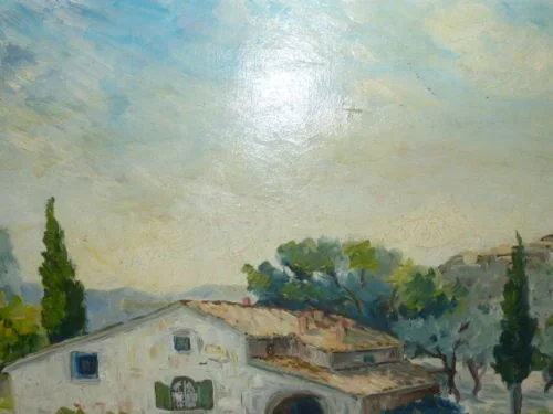 Tableau huile sur toile paysage  fait en Avignon   (signé Fabien 1947)