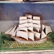 Diorama avec maquette de bateau a voiles fin 19ème