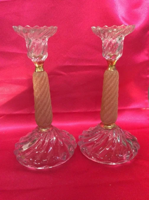 Paire de bougeoirs en verre signé de vallerysthal