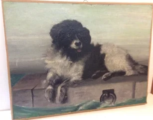 Huile sur toile chien sur bord de jeter signé F.Lardet