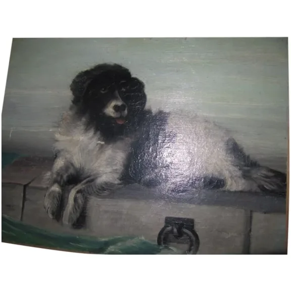 Huile sur toile chien sur bord de jeter signé F.Lardet