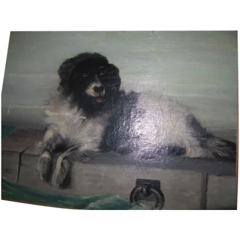 Huile sur toile chien sur bord de jeter signé F.Lardet