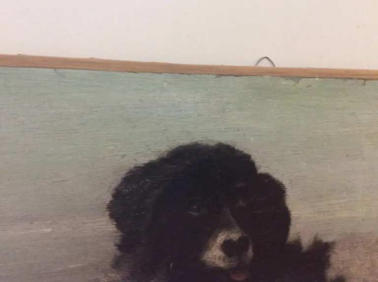 Huile sur toile chien sur bord de jeter signé F.Lardet