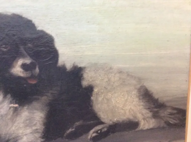 Huile sur toile chien sur bord de jeter signé F.Lardet