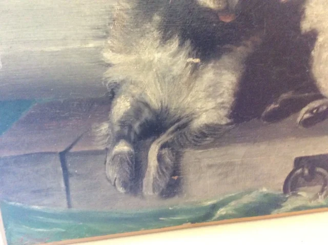 Huile sur toile chien sur bord de jeter signé F.Lardet