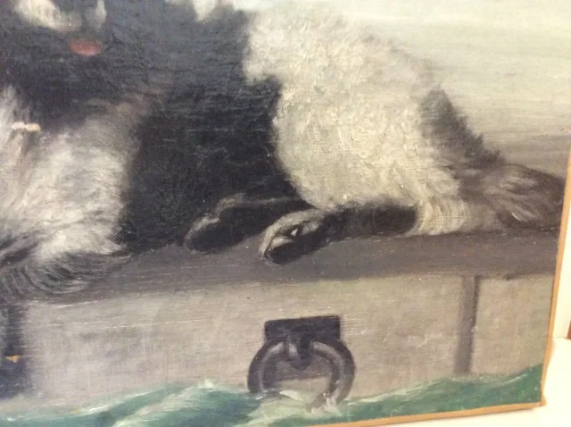 Huile sur toile chien sur bord de jeter signé F.Lardet