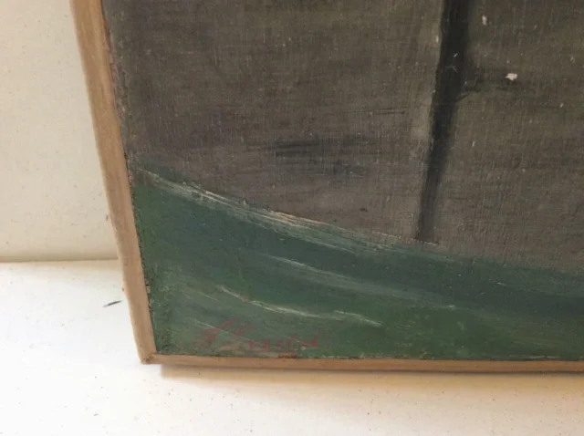 Huile sur toile chien sur bord de jeter signé F.Lardet