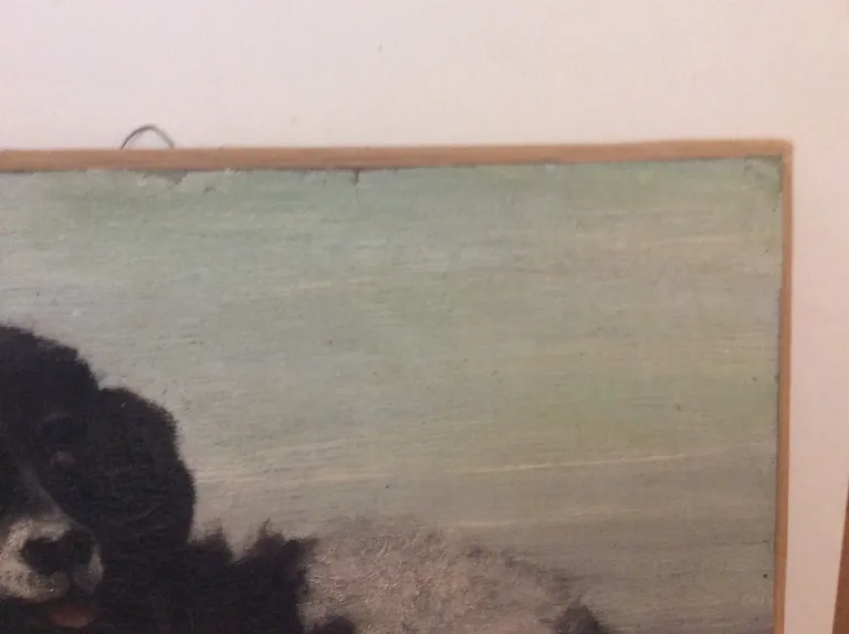 Huile sur toile chien sur bord de jeter signé F.Lardet