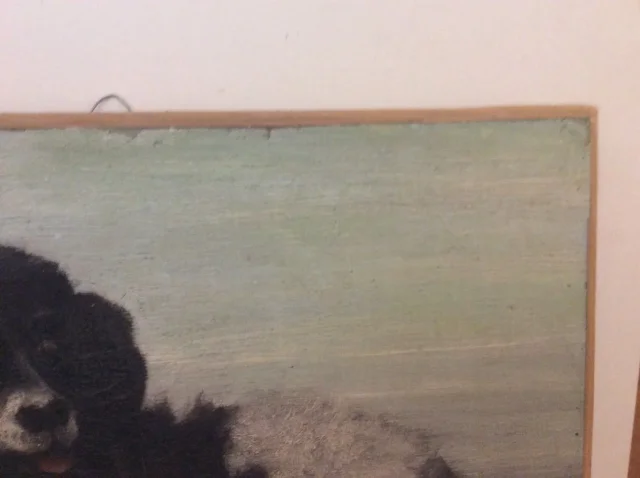 Huile sur toile chien sur bord de jeter signé F.Lardet