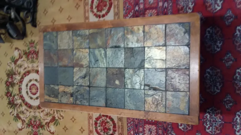 Table basse année 60 en hêtre et ardoise