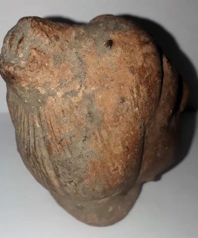 Tête antique  de femme à la coiffure méchée relevée en un haut chignon terre cuite