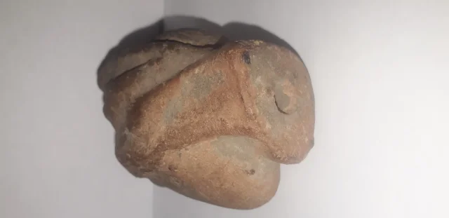 Tête antique  de femme à la coiffure méchée relevée en un haut chignon terre cuite