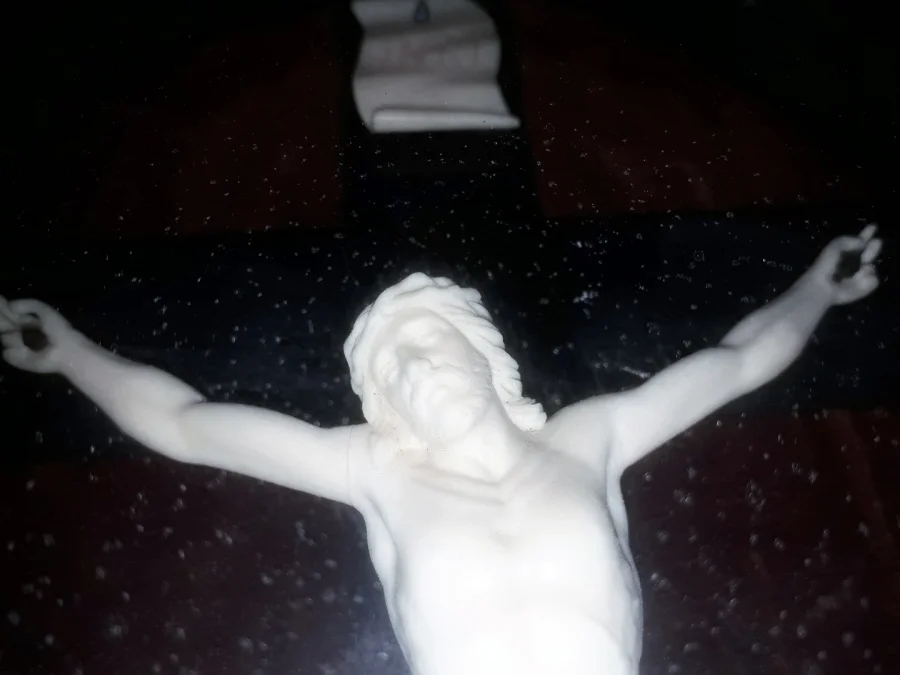 Christ en ivoire sculpté sur sa croix ou crucifix dans un cadre en bois noirci, d'époque XIXème siècle
